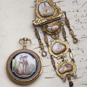 ENAMEL PAINTING Verge Fusee Antique Pocket Watch w/ Chatelaine