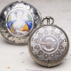 Enamel Miniature Pair Cased Champleve Dial Verge Fusee Antique Pocket Watch
