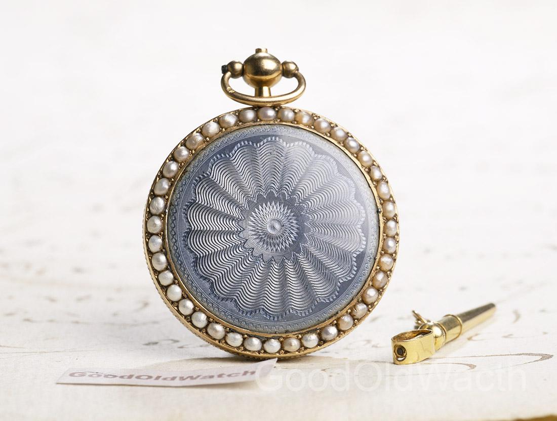 Enamel & Pearls 18k Gold Verge Fusee Antique Pocket Watch