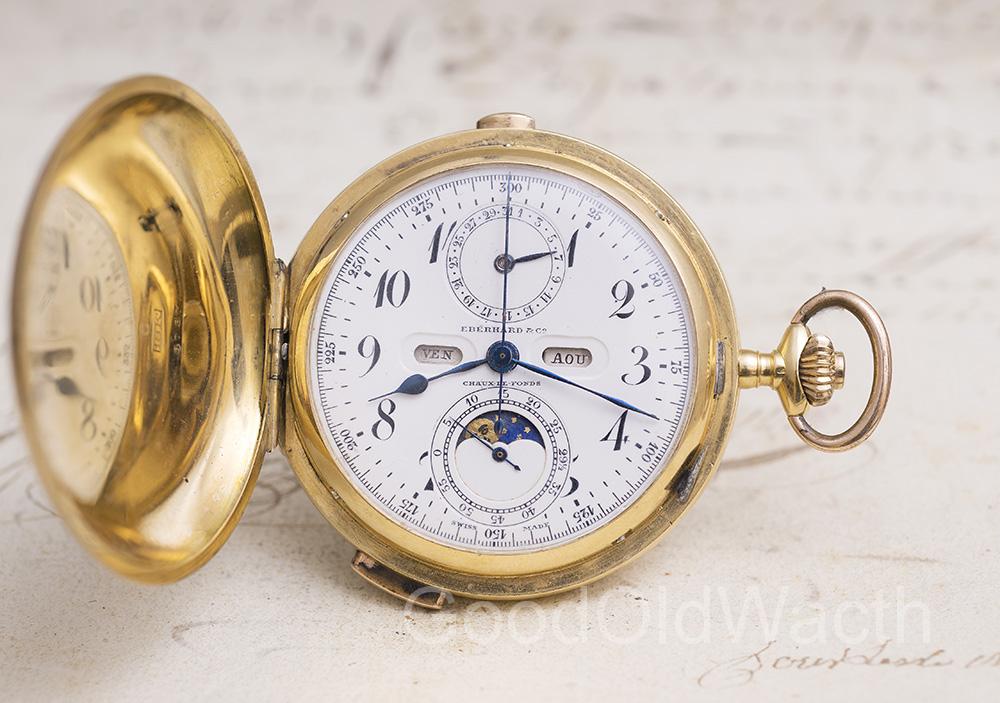 Quarter Repeating Chronograph & Moon phases Calendar Antique Pocket Watch in 18K Gold case