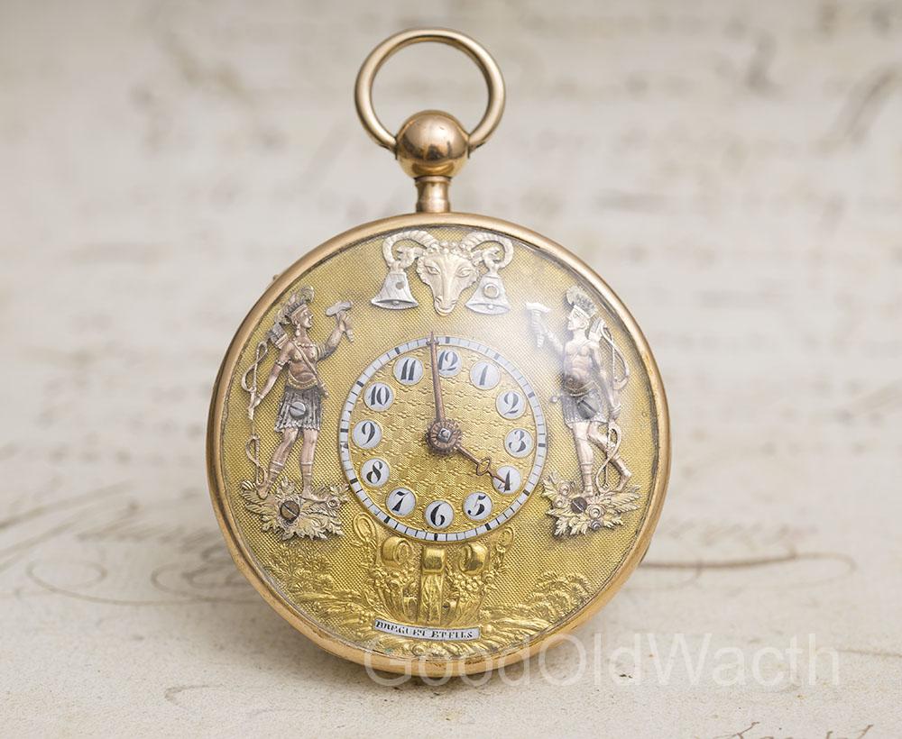 JAQUEMARTS AUTOMATON QUARTER REPEATER Repeating VERGE FUSEE Solid Gold Antique Pocket Watch