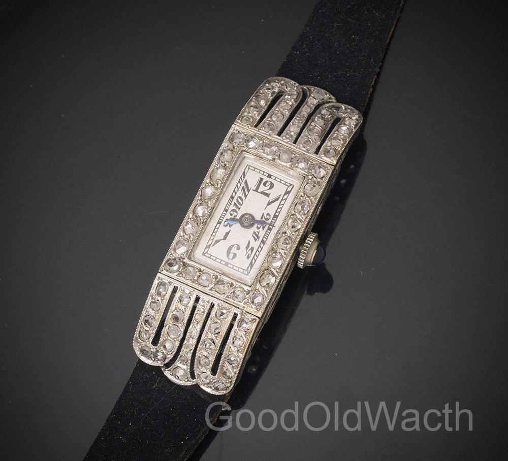 Antique White 18k Gold & Diamonds Lady Wrist Watch - French Art Deco 1920